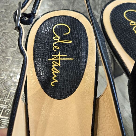 🐢 Cole Haan Black Snake Skin Adjustable Strap  Buckle Open Toed Pump 10B - Picture 4 of 16